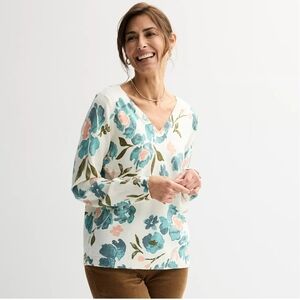 Floral V-Neck Sweater - White and Blue